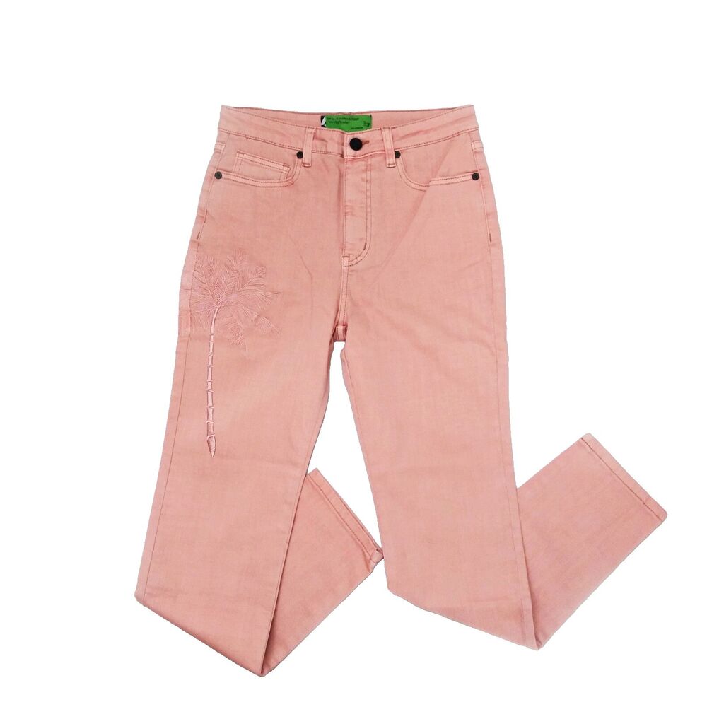 FP x Sandrine Rose Embroidered Jeans Palm Tree High Waist Stretch Sz 27 Petal